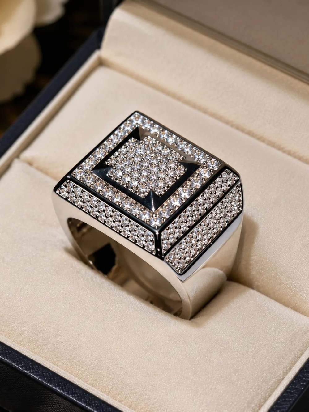 Men's Ring Size 8 Silver-Tone Pavé Square Statement Ring with Black Accents